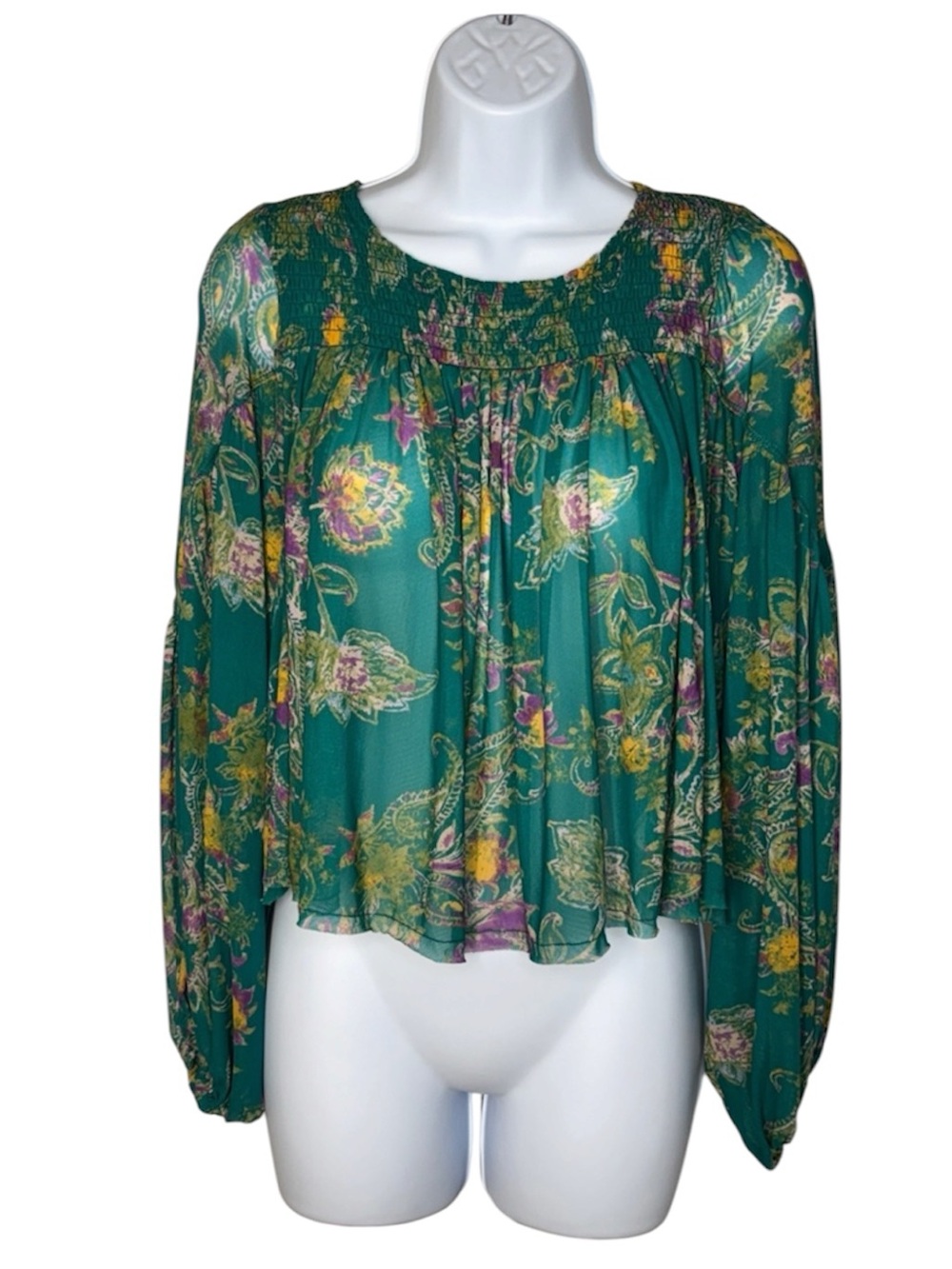 Free People Up For Anything Floral Sheer Smocked Yoke Cropped Blouse Small